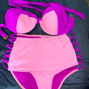 Neon pink and purple high waisted bikini